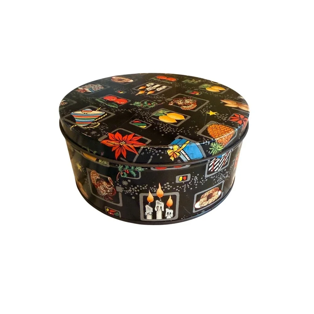 Vintage Round Tin Container Holiday Christmas Themed Gift Storage Box